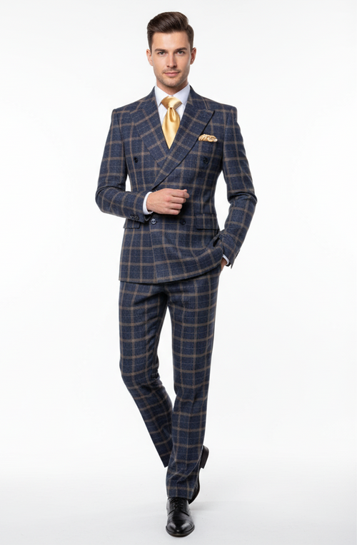 Mens Navy and Tan Windowpane Double-Breasted Suit | Classic 2-Piece Plaid Dress Suit, Business, and Formal Events By Rossiman
