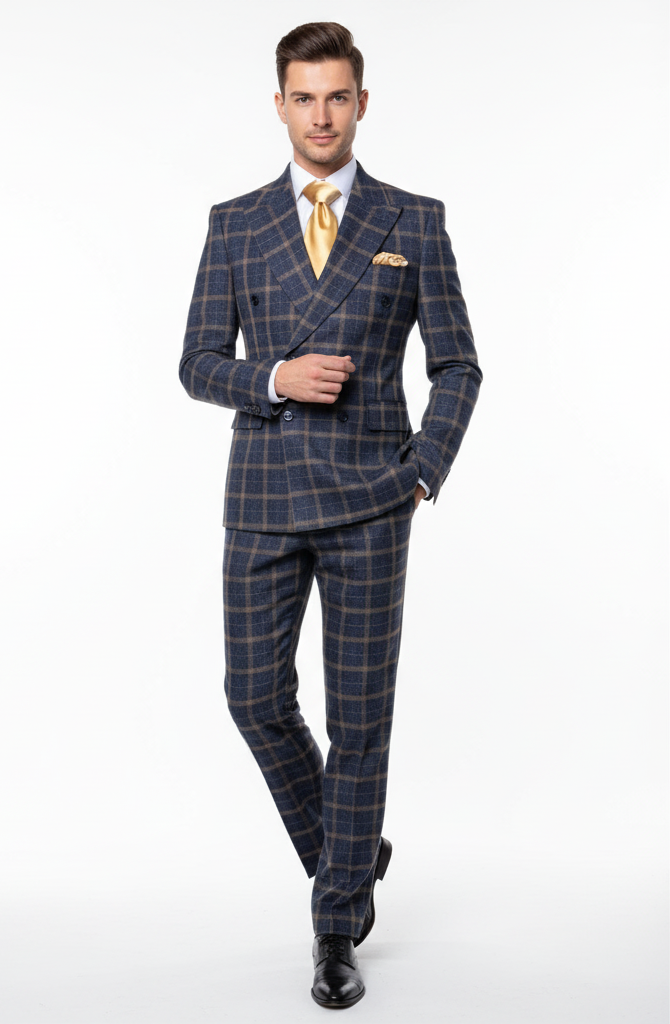 Men’s Navy and Tan Windowpane Double-Breasted Suit | Classic 2-Piece Plaid Dress Suit, Business, and Formal Events By Rossiman - 34 Short or Extra Small