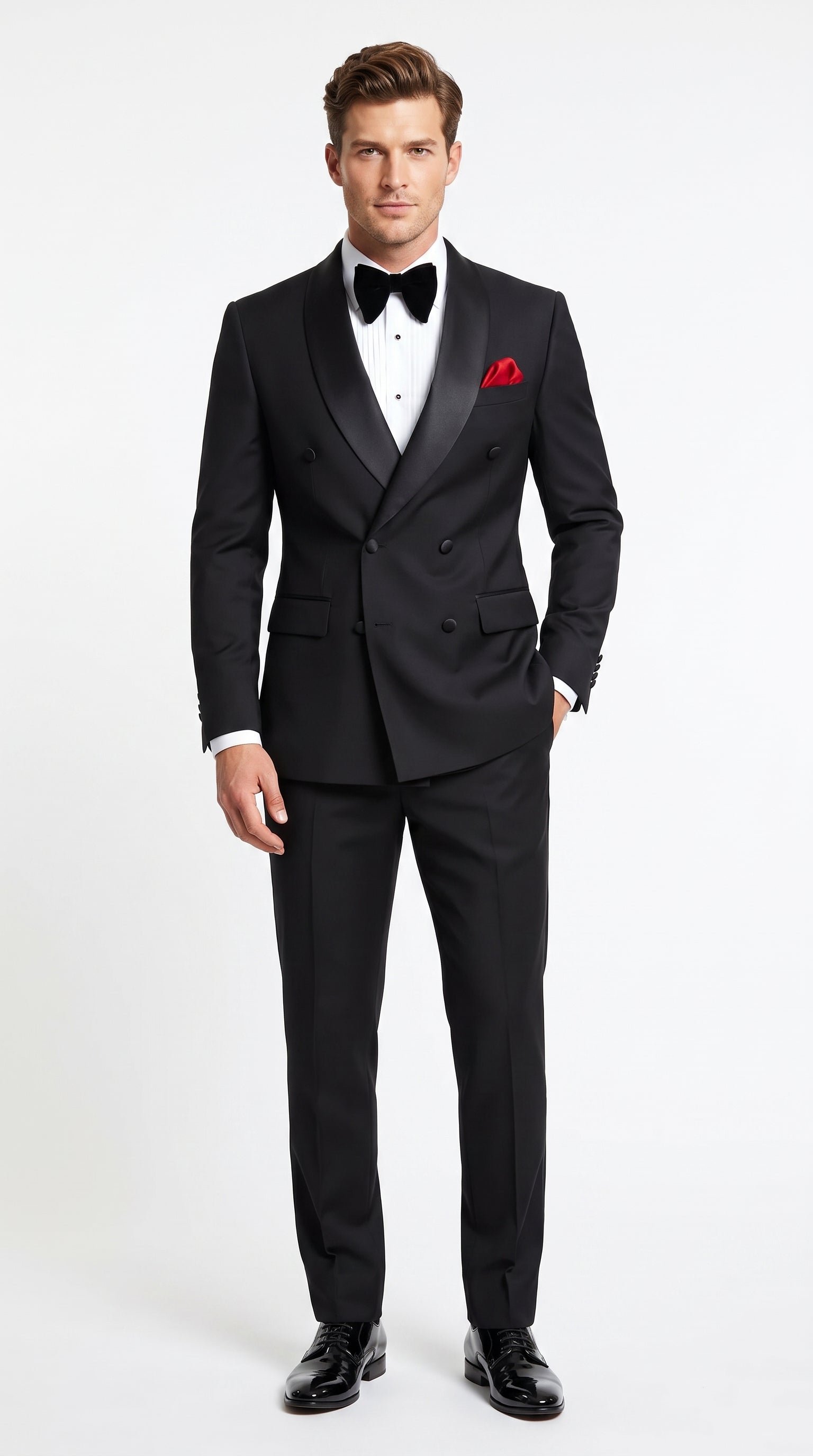 Men’s Black Double Breasted Evening Wear Suit with Satin Shawl Lapel and Red Pocket Square - 34 Short or Extra Small