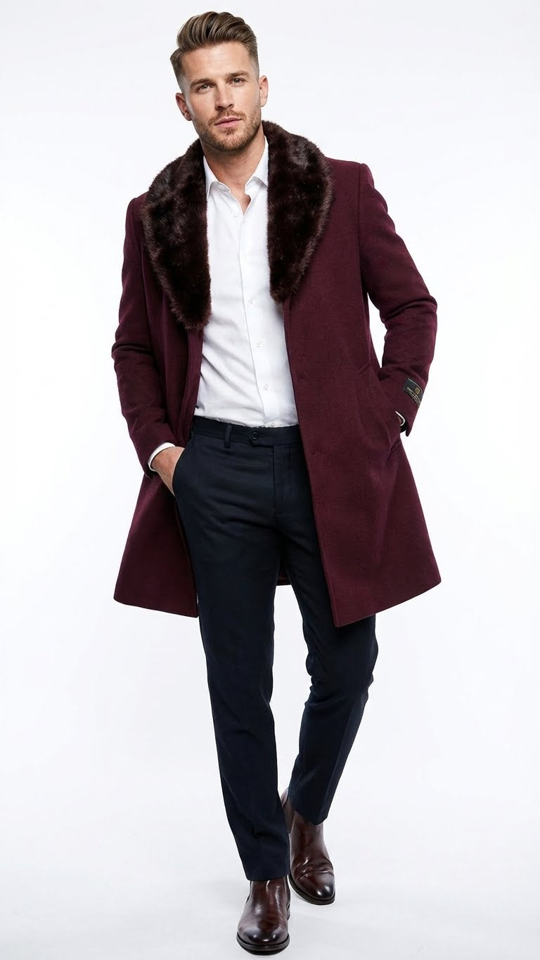Men’s Burgundy Three Quarter Coat with Faux Fur Collar Overcoat – Luxury Winter Outerwear Three Quarter Carcoat Topcoat - Coat Size 38