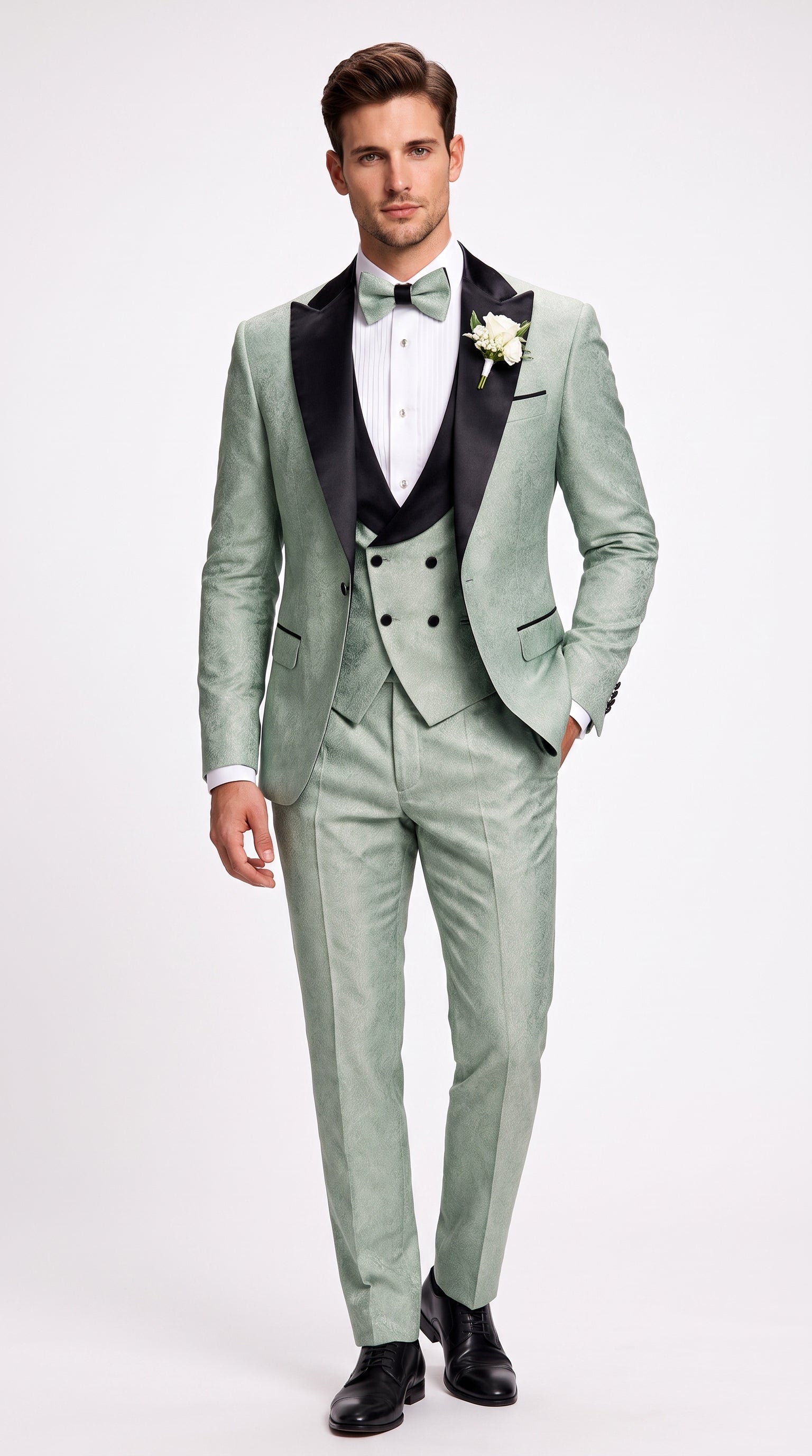 Men’s Sage Green Wedding Tuxedo with Black Shawl Lapel – 3 Piece Groom Prom Suit Mintish Color - 34 Short or Extra Small