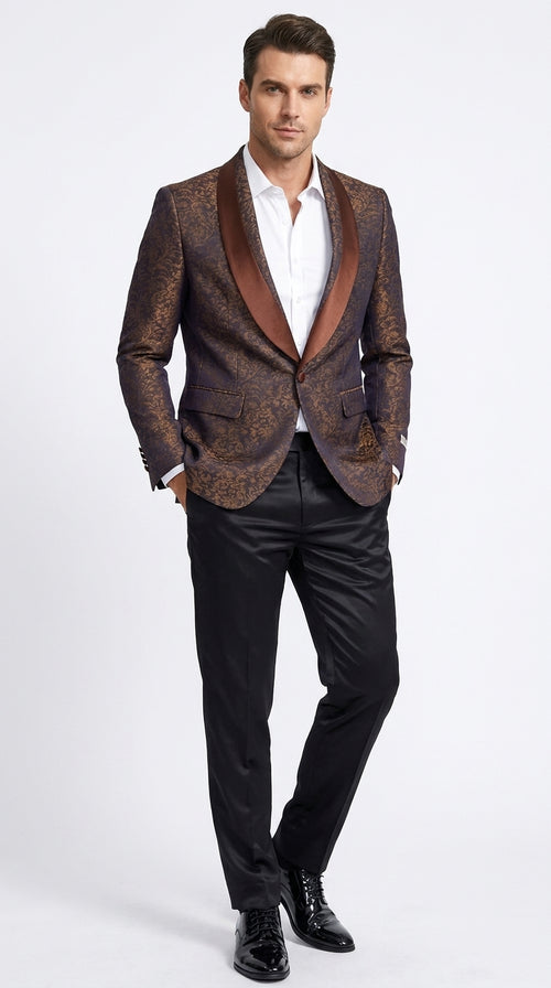 Men’s Light Brown Paisley Tuxedo Jacket, Wedding Prom Dinner Blazer with Satin Shawl Lapel