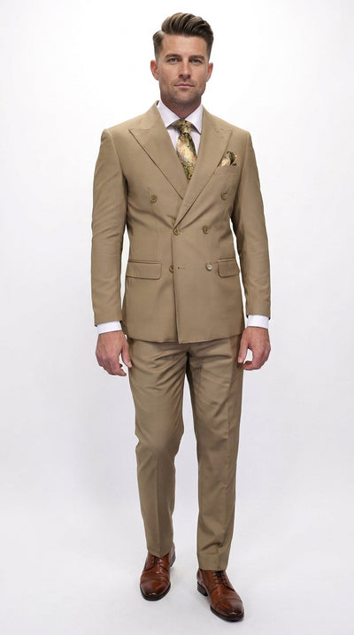 Men’s Statement Brand Caramel Khaki Double Breasted Wool Suit, Designer Formal Business Suit Set Wool Suit in Camel Color