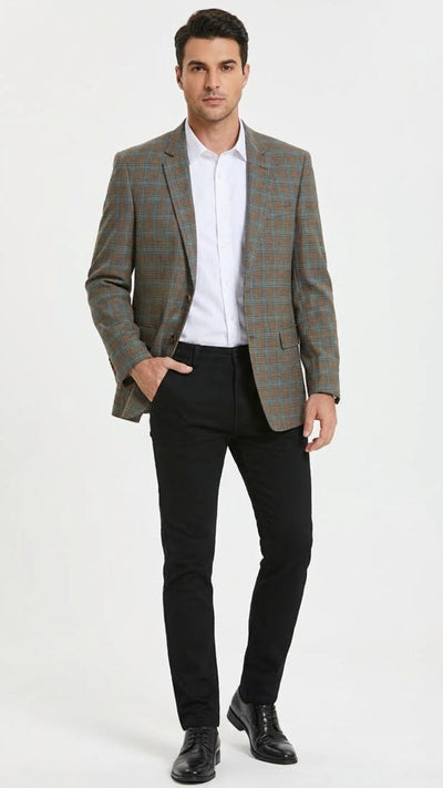 Mens Green Brown and Teal Plaid Sport Coat Tailored Fit Check Blazer Jacket - Tartan Sportcoat