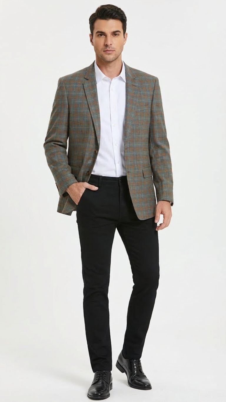 Men’s Green Brown and Teal Plaid Sport Coat – Tailored Fit Check Blazer Jacket - Tartan Sportcoat - 36 Short