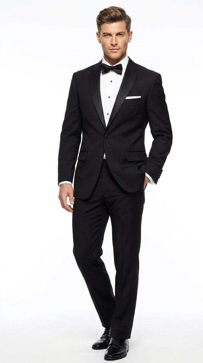 Men’s Black Uniform Tuxedo – One-Button Satin Lapel Formal Suit for Weddings, Prom and Events