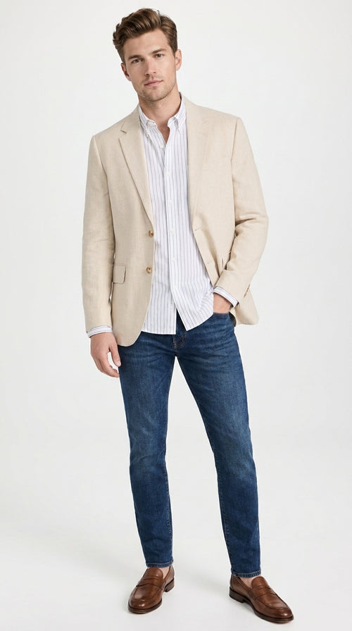 Men’s Light Tan Sport Coat – Classic Two-Button Casual Blazer for Business, Weddings & Smart Casual Wear Modern Fit Linen Fabric