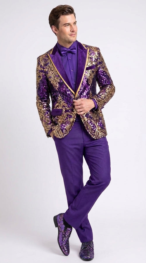 Men’s Purple and Gold Sequin Suit with Pants – Luxury Prom, Wedding and Party Blazer
