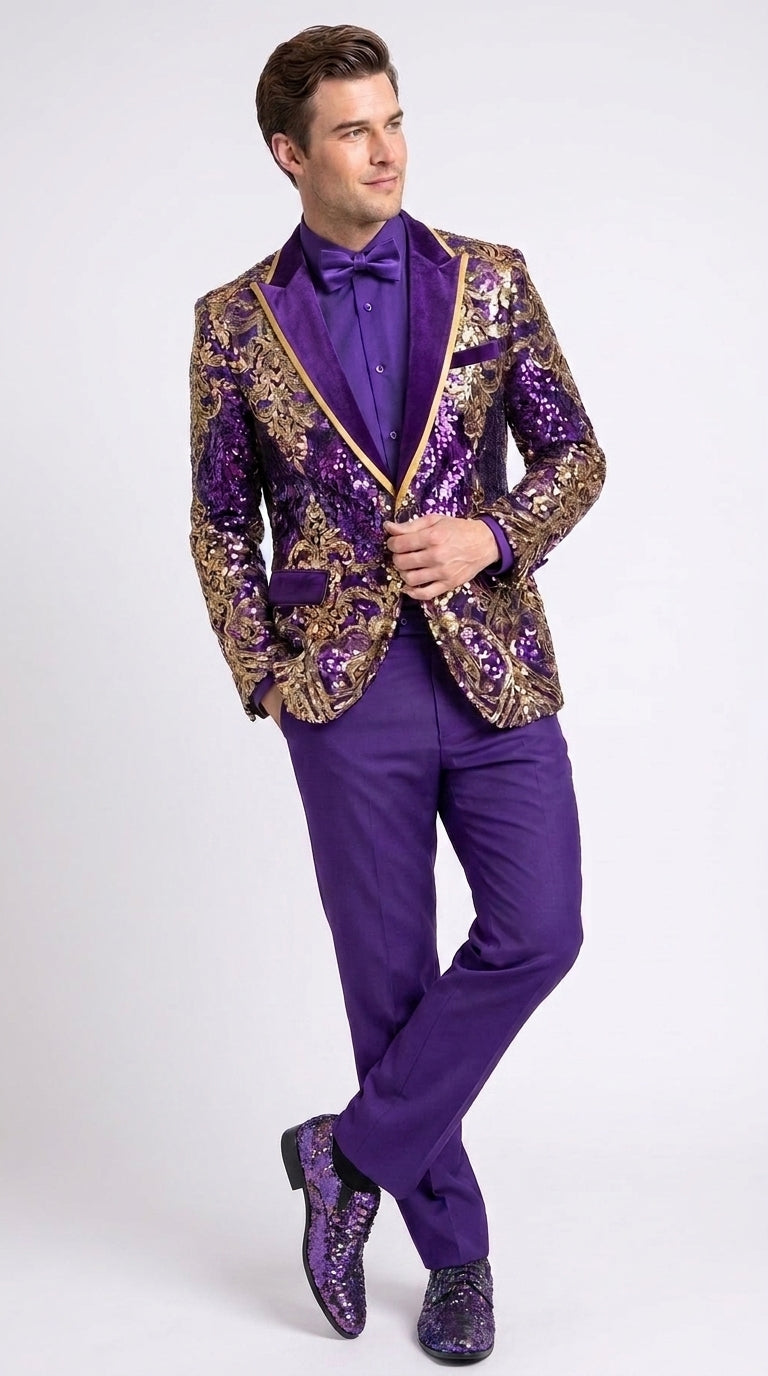 Men’s Purple and Gold Sequin Suit with Pants – Luxury Prom, Wedding and Party Blazer - 34 Short or Extra Small