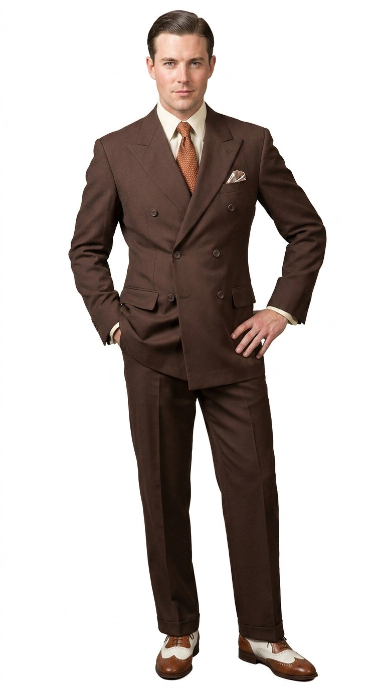 Men’s Brown Vintage Double Breasted Suit, Classic 1940s Style Formal Wedding Business Suit Set - 34 Short or Extra Small
