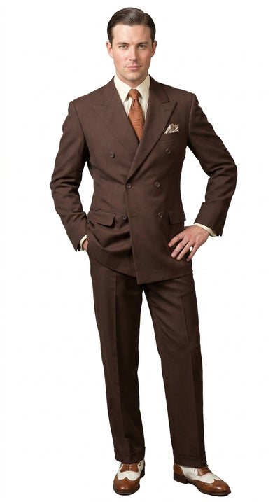 Men’s Brown Vintage Double Breasted Suit, Classic 1940s Style Formal Wedding Business Suit Set