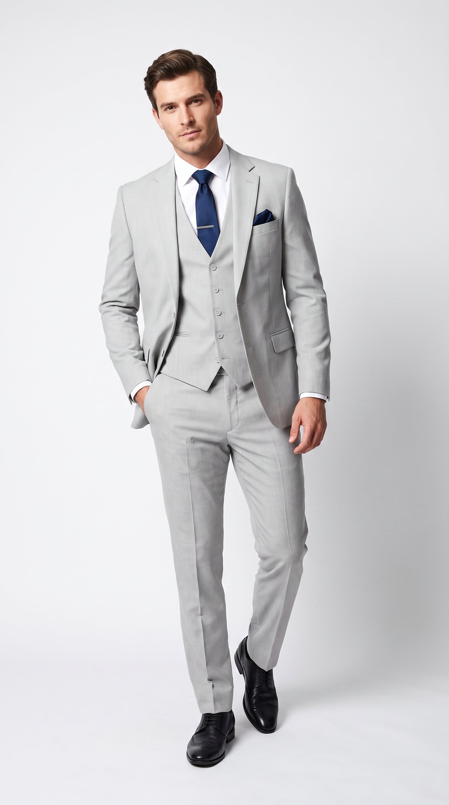 Men’s Silver & Navy Blue 3-Piece Suit – Wedding, Business and Formal Suit with Free Matching Tie - 34 Short or Extra Small