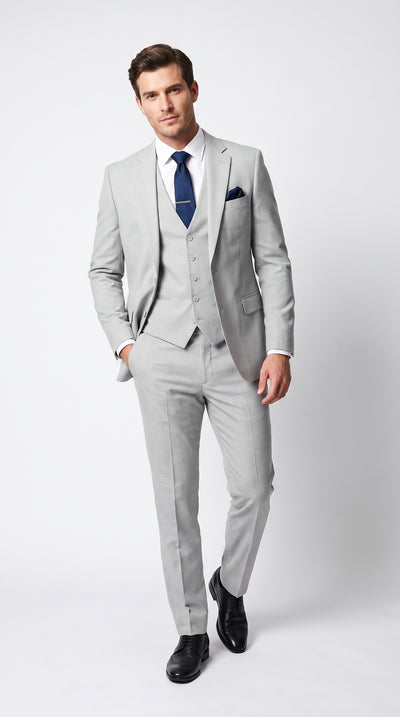 Men’s Silver & Navy Blue 3-Piece Suit – Wedding, Business and Formal Suit with Free Matching Tie