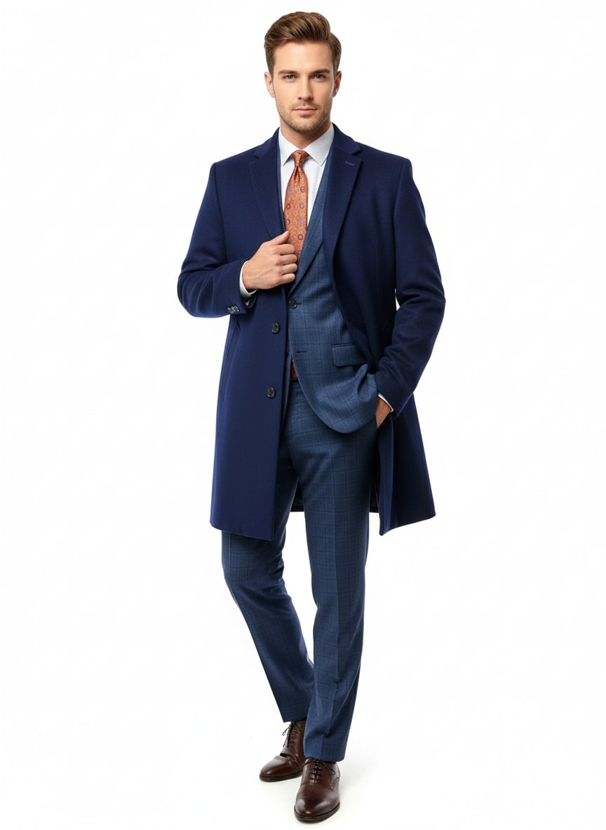 Mens Cobalt Blue Wool and Cashmere Car Coat Overcoat – Classic Winter Topcoat for Indigo Sapphire Color (light Navy Dark Royal) - Coat Size 38