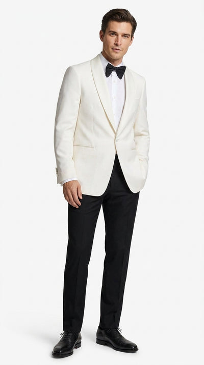 Men’s Vintage Hollywood Ivory Tuxedo – Black Shawl Lapel Wedding, Prom and Formal Dinner Jacket with Black Pants