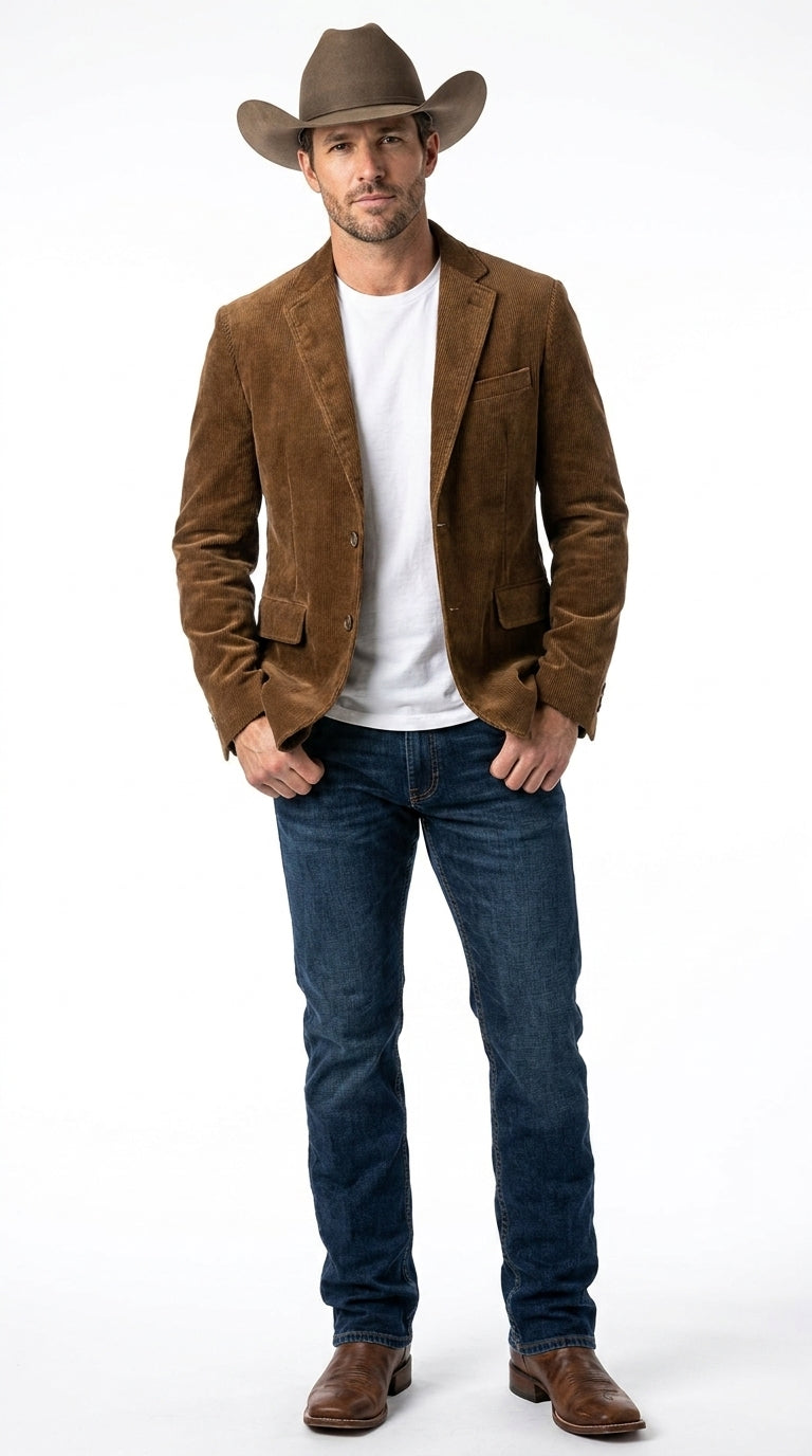 Men’s Brown Corduroy Country Blazer – Two-Button Western Sport Coat for Casual - 36 Short