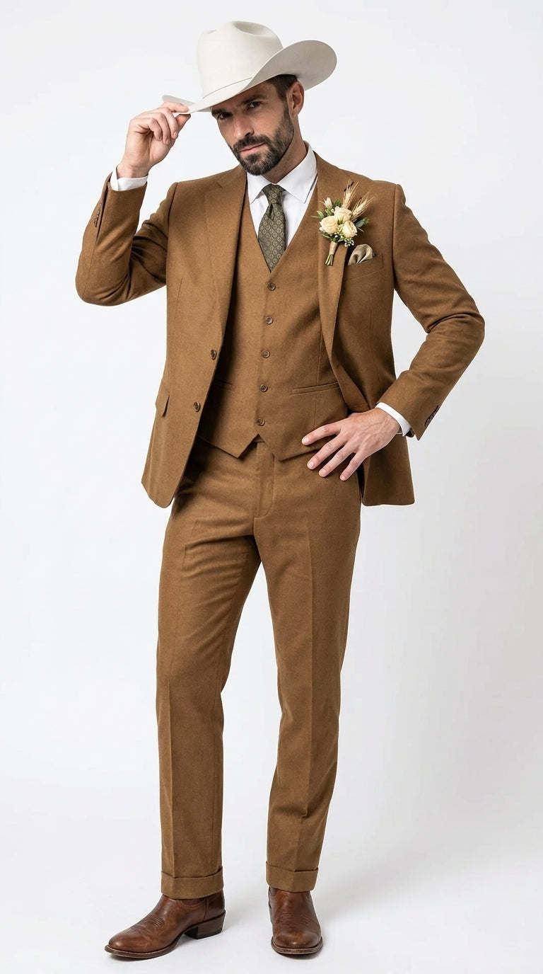 Men’s Tan Groom Outfit Country Wedding 3 Piece Suit Khaki Camel Color Modern Fit - 34 Short or Extra Small