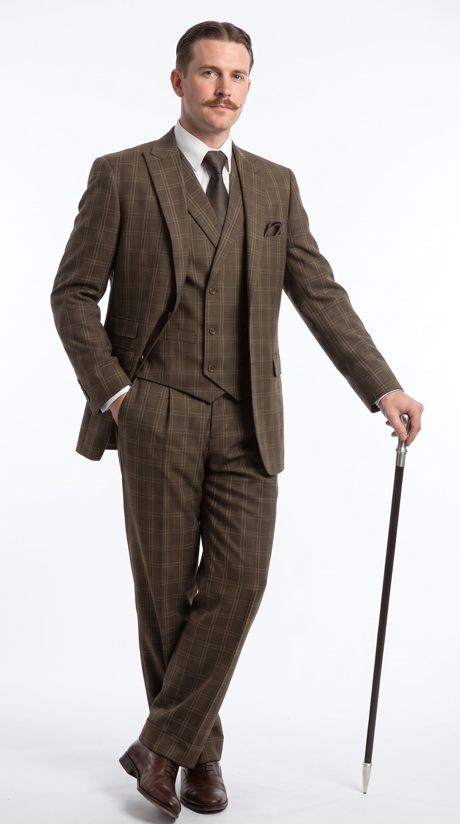 Men’s Edwardian Brown Plaid 3-Piece Suit – Vintage Double-Breasted Vest Wedding and Formal Suit - 34 Short or Extra Small