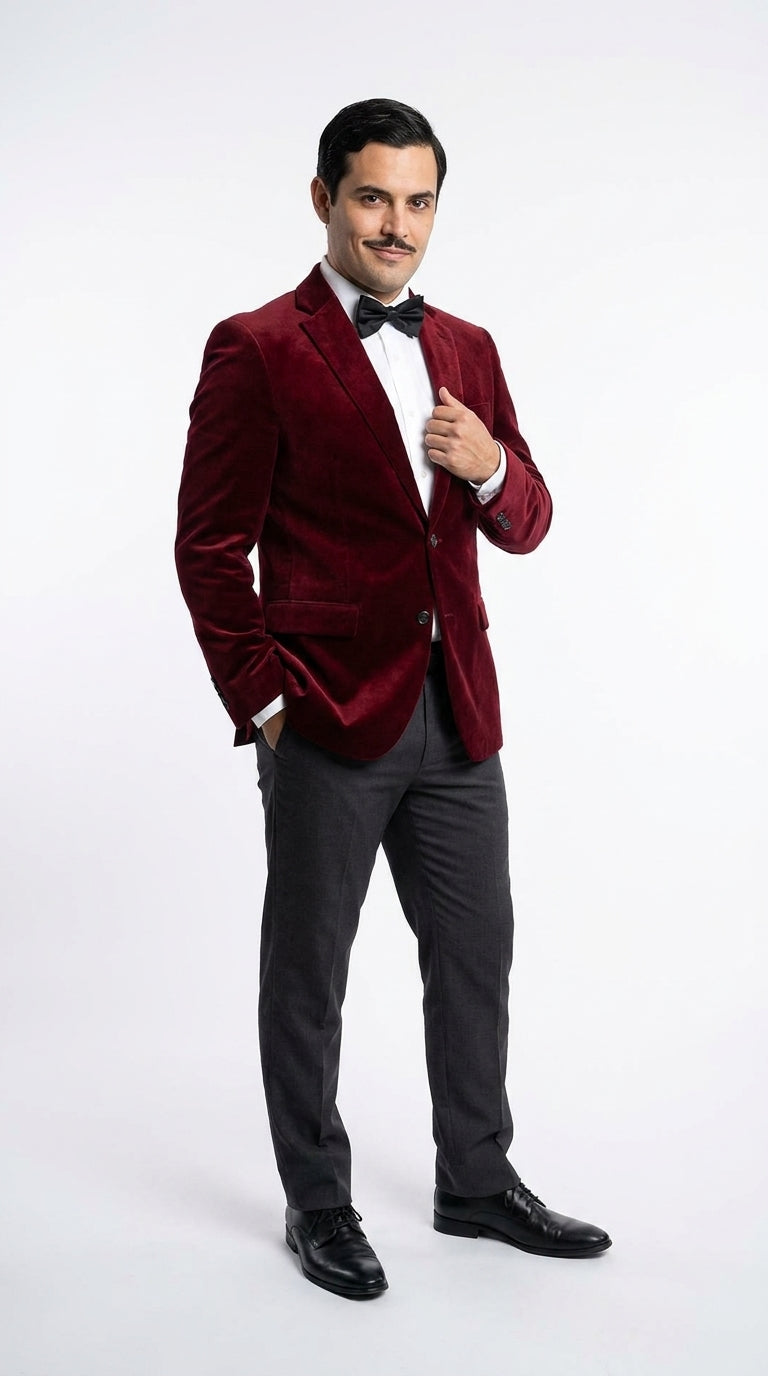Men’s Gomez Addams Inspired Costume, Burgundy Velvet Blazer with Black Pants Formal Party Outfit Combo - 36 Short