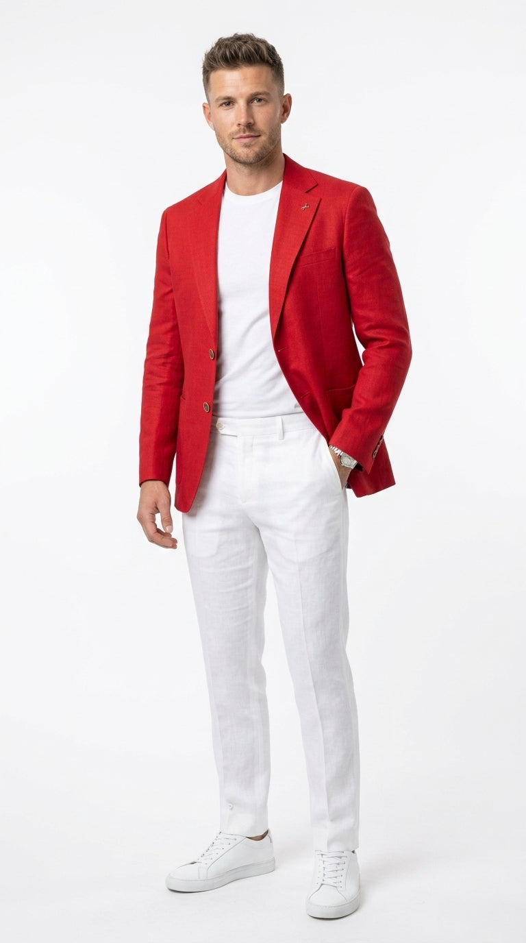 Men’s Red Linen Blazer, Lightweight Business Casual Wedding Sport Coat Jacket - 36 Short