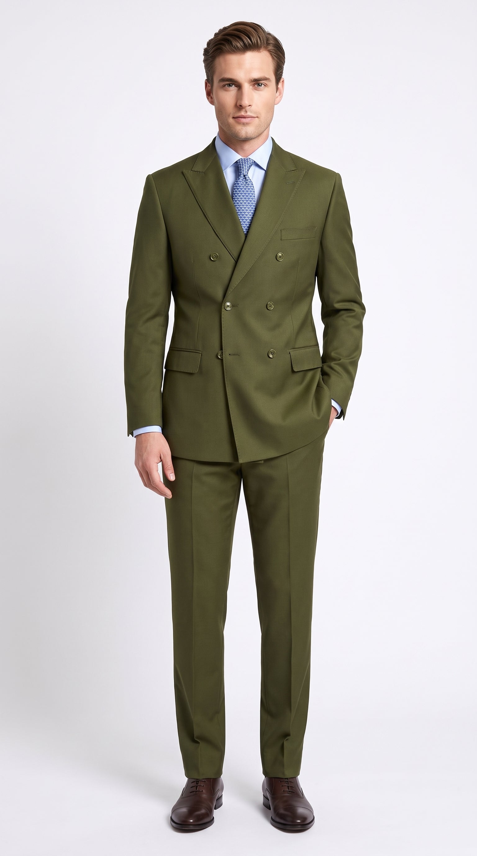 Men’s Olive Green Double-Breasted Suit – Classic Peak Lapel Wedding, Business Hunter Color - 34 Short or Extra Small