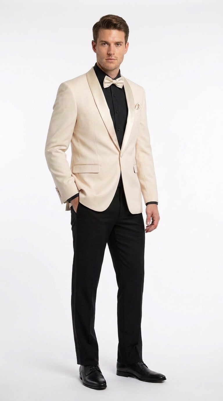 Men’s Champagne Tuxedo Dinner Jacket with Black Pants – Shawl Lapel Wedding, Prom and Formal Blazer - 34 Short or Extra Small
