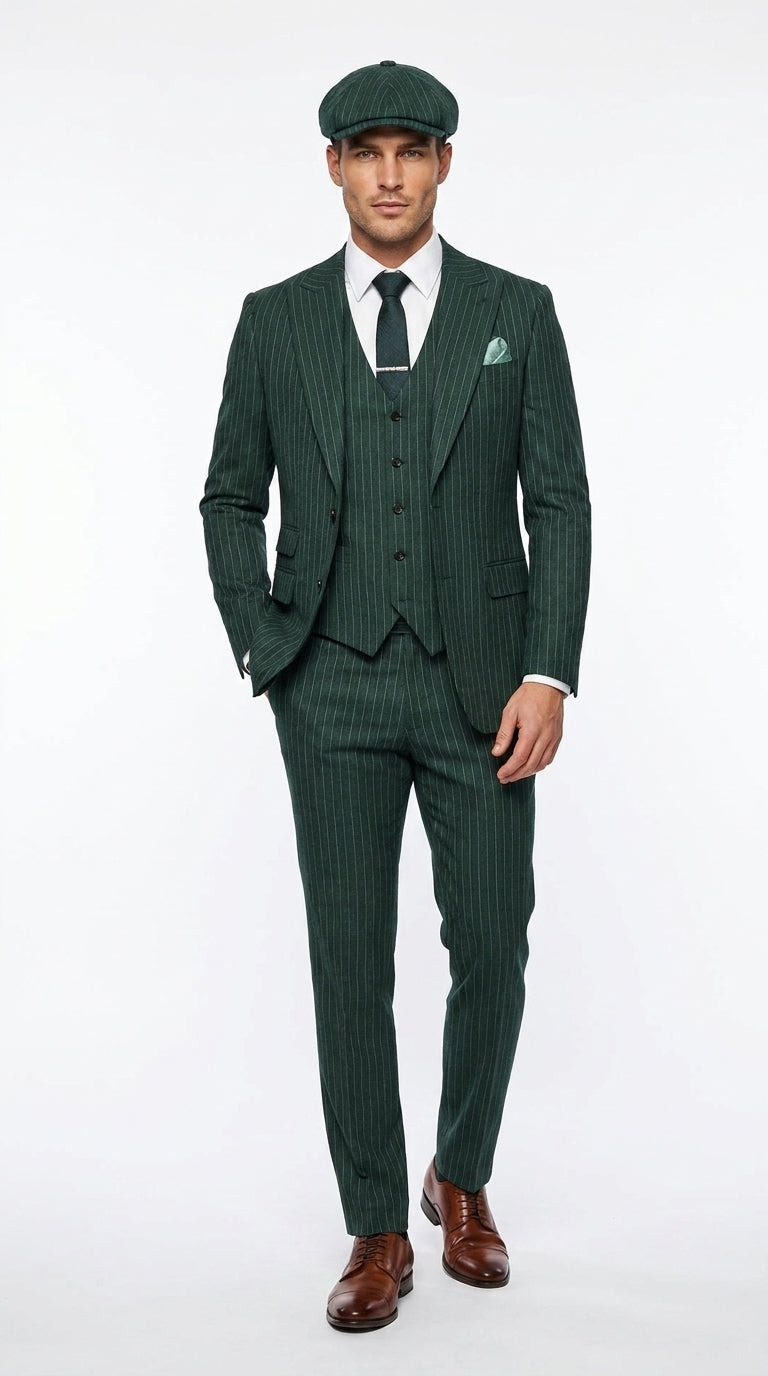 Men’s Hunter Green Pinstripe 3-Piece Suit – Vintage Wedding, Prom and Formal Suit with Matching Vest - 34 Short or Extra Small