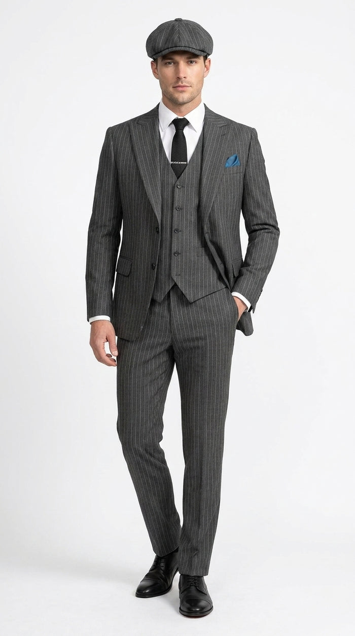 Men’s Thomas Shelby Peaky Blinders Gray Wool Suit Out fit Charcoal Grey Pinstripe 3-Piece  Vintage 1920s Suit