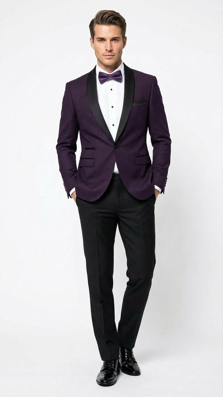 Men’s Eggplant Plum Purple Tuxedo Blazer with Satin Lapel, White Tuxedo Shirt and Matching Purple Bow Tie - Slim Fitted - Prom wedding Suit With Pants - 34 Short or Extra Small