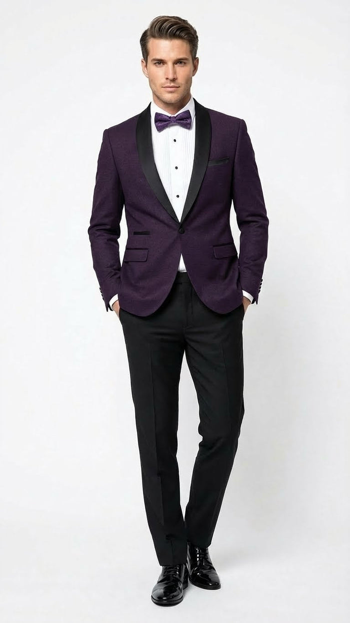 Mens Eggplant Plum Purple Tuxedo Blazer with Satin Lapel, White Tuxedo Shirt and Matching Purple Bow Tie - Slim Fitted - Prom wedding Suit With Pants
