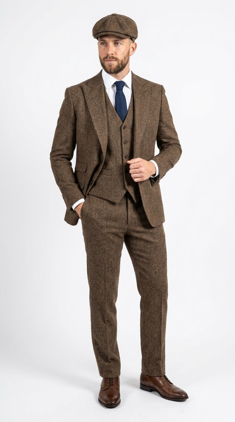 Peaky Blinder Men’s Brown Tweed 3-Piece Suit – Vintage Wedding, Business and Formal Suit with Matching Vest and Pants - 34 Short or Extra Small