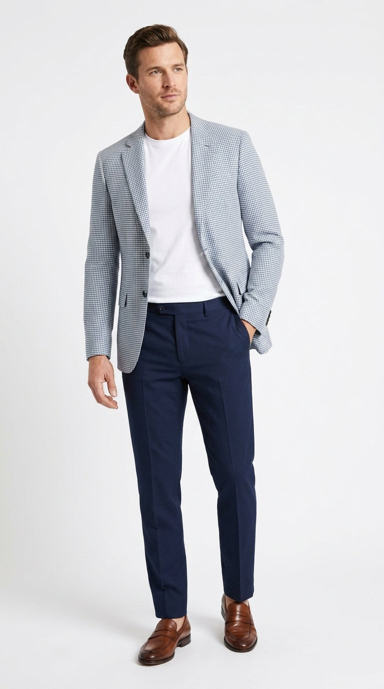 Men’s Light Blue Checkered Sport Coat – Two-Button Wedding, Business and Smart Casual Blazer