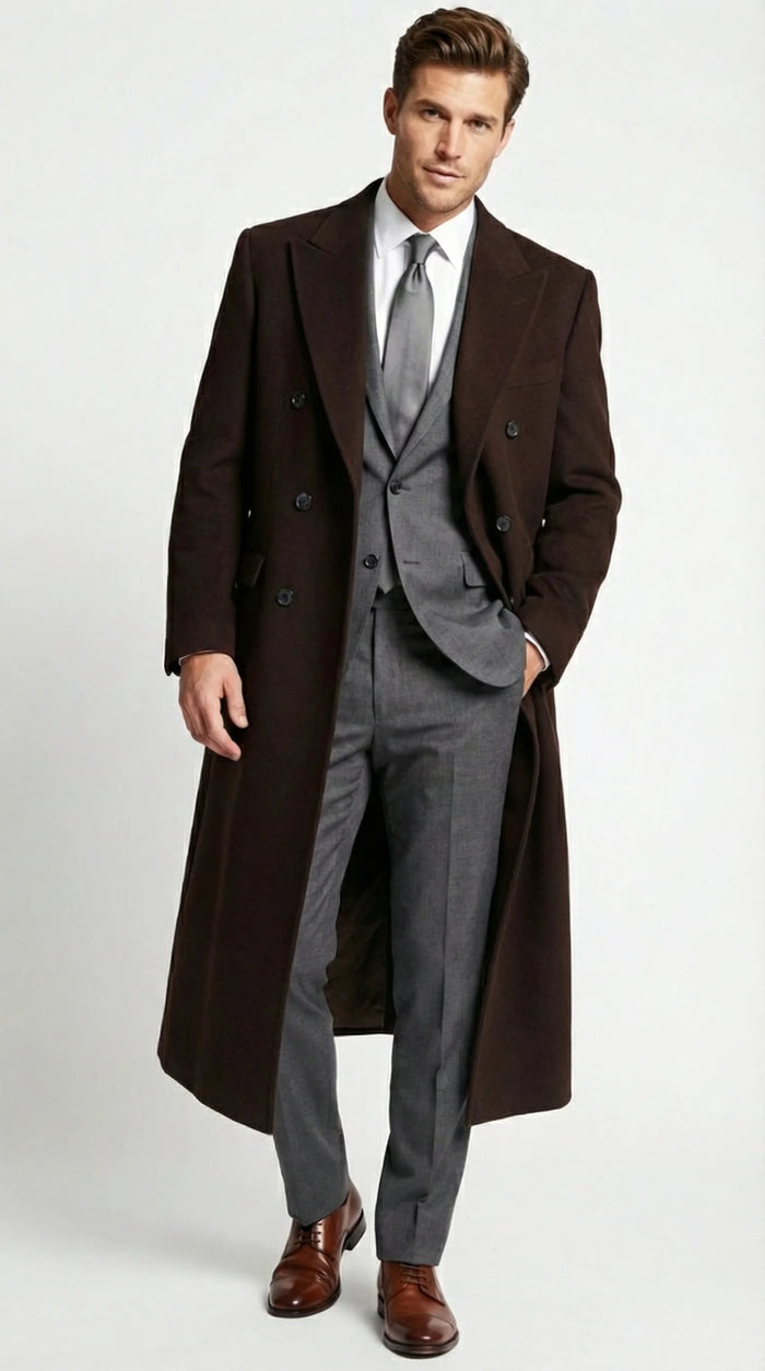 Mens Brown Long Overcoat Double Breasted Classic Formal Winter Coat for Business, Topcoat and Cold Weather Wear