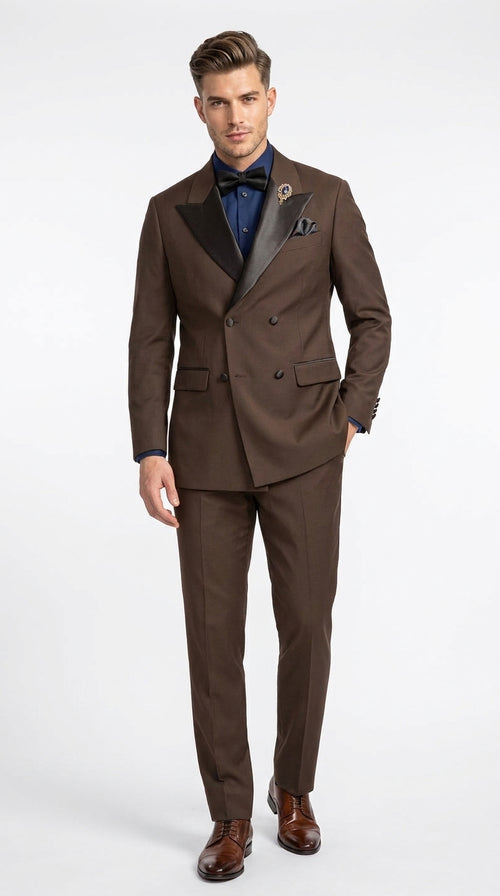 Men’s Brown Double Breasted Tuxedo – Satin Peak Lapel Formal Wedding & Prom Suit