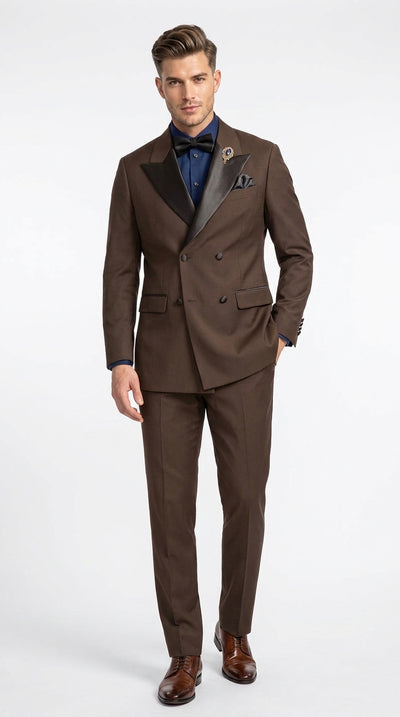 Men’s Brown Double Breasted Tuxedo – Satin Peak Lapel Formal Wedding & Prom Suit
