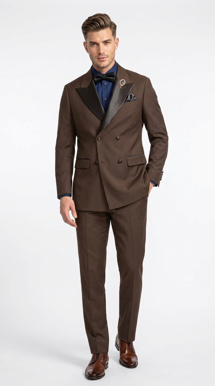 Men’s Brown Double Breasted Tuxedo – Satin Peak Lapel Formal Wedding & Prom Suit