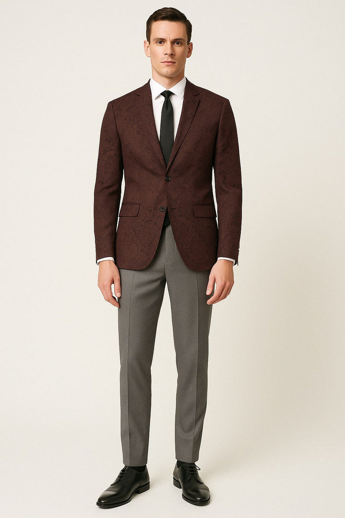 Mens Burgundy and Black Paisley Tuxedo Blazer Slim Fit Formal Dinner Jacket