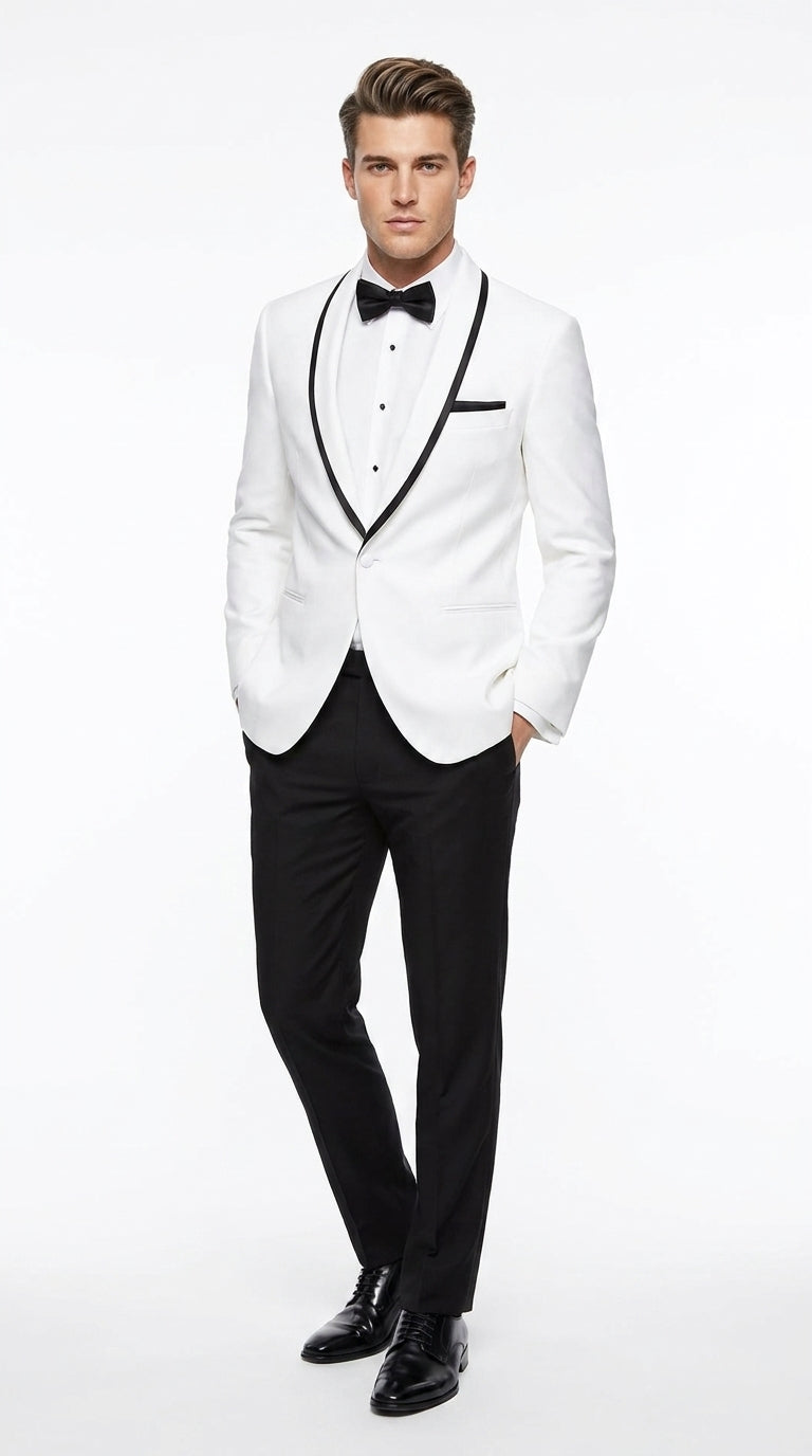 Men’s White Tuxedo Jacket – Black Trim Shawl Lapel Formal Dinner Blazer for Weddings, Prom Wedding Blazer Modern fit