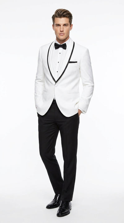 Men’s White Tuxedo Jacket – Black Trim Shawl Lapel Formal Dinner Blazer for Weddings, Prom Wedding Blazer Modern fit