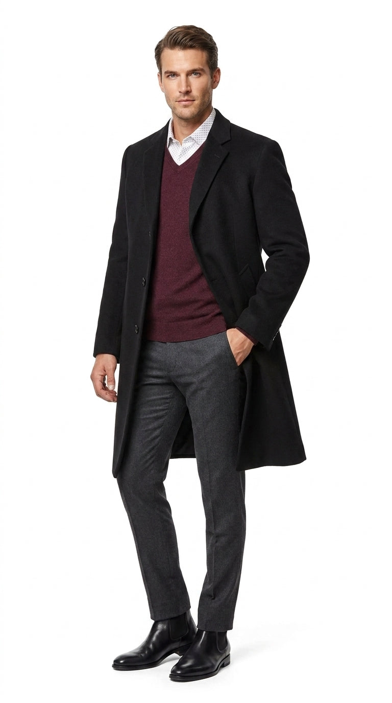Men’s Big and Tall Black Cashmere Overcoat – Full-Length Winter Dress Coat for Business and Formal Wear - Coat Size 38