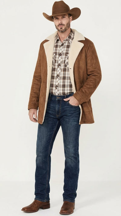 Mens Brown Western Faux Suede Blazer Coat Cowboy Style Long Jacket for Wedding, Party and Special Events