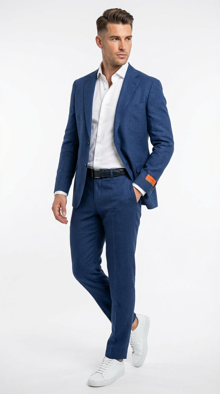 Mens Enzo Tovare Denim Blue Linen Summer Suit – Breathable Two Piece Suit for Wedding, Business, Travel - 34 Short or Extra Small