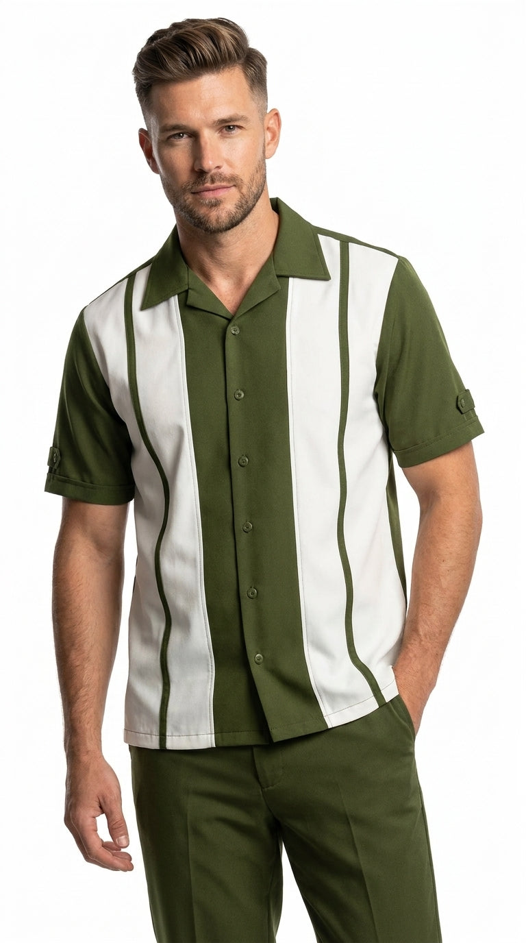 Men’s Olive Green and White Walking Suit – 2-Piece Short Sleeve Casual Leisure Outfit - Small