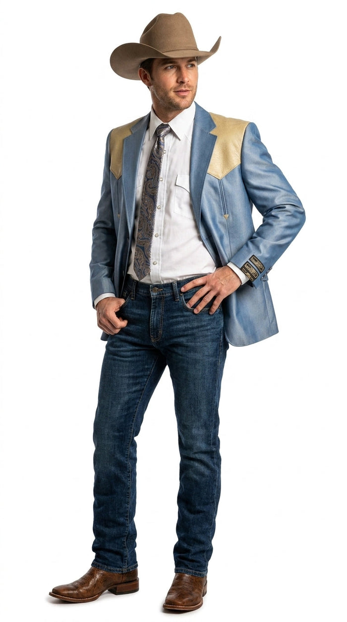 Men’s Steel - Light Blue and Bone Color Western Cowboy Blazer – Shiny Country Style Dress Jacket for Rodeo Saco De Hombre Vaquero