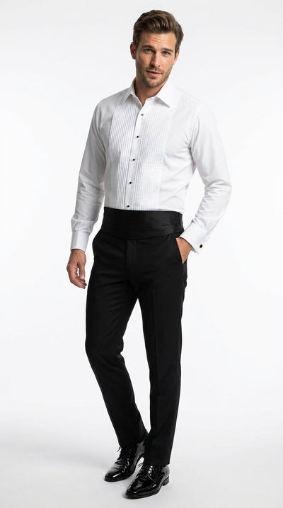 Men’s White Cotton Tuxedo Shirt with Spread Collar, French Cuffs and Pleated Front
