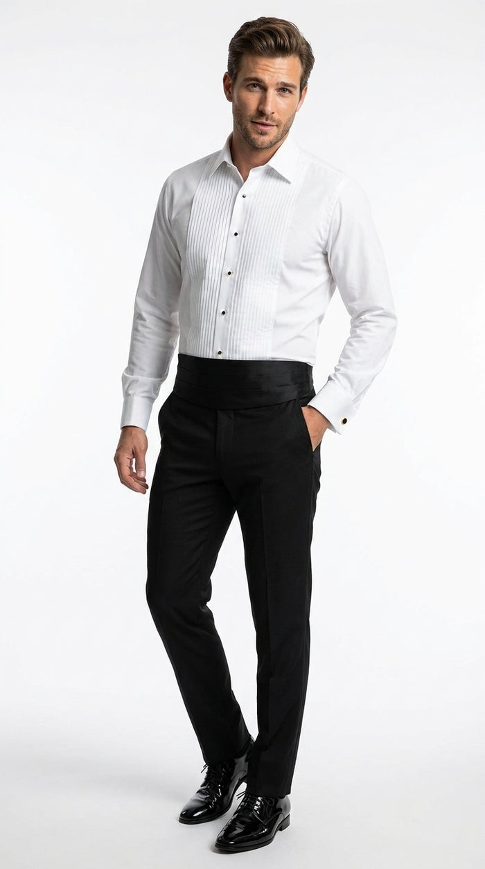 Men’s White Cotton Tuxedo Shirt with Spread Collar, French Cuffs and Pleated Front