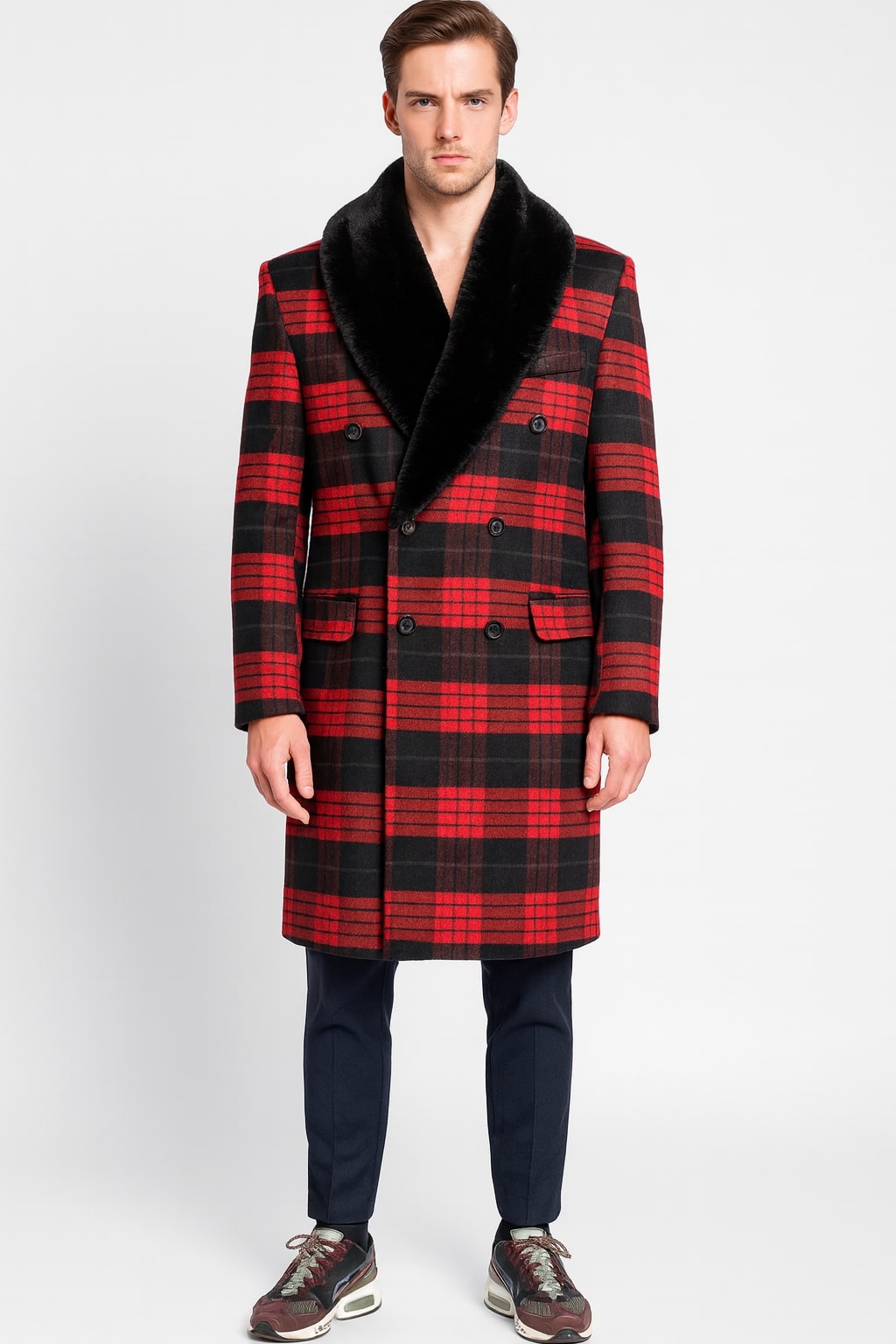 Mens Red and Black Plaid Wool Overcoat with Black Faux Fur Shawl Collar – Double-Breasted Winter Coat - Tartan Design - Coat Size 38