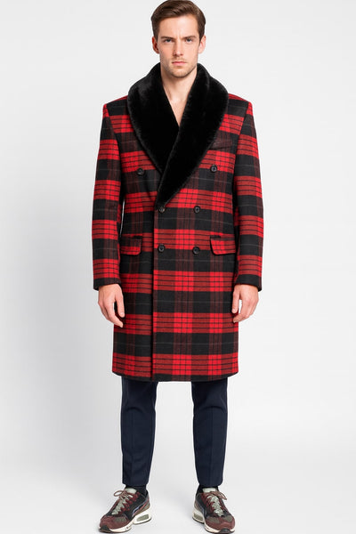 Mens Red and Black Plaid Wool Overcoat with Black Faux Fur Shawl Collar Double-Breasted Winter Coat - Tartan Design
