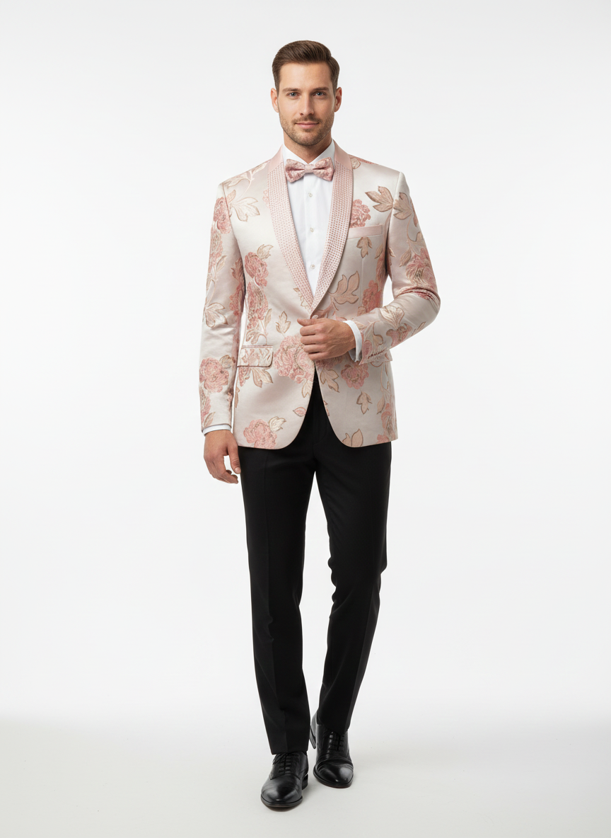Men’s Pink Blush Floral Jacquard Blazer with Embellished Shawl Lapel – Luxury Party and Wedding Wear Jacket - 36 Short