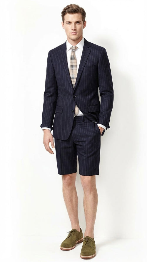 Mens Dark Navy Blue Pinstripe or Black Pinstripe  Summer Business Suit with Shorts Pants Set Sport Coat Style Formal and Casual Outfit